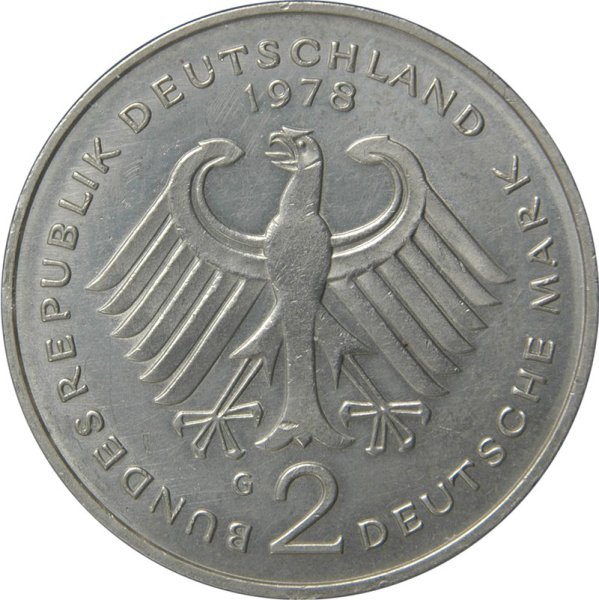 2 Mark (1st Chancellor Konrad Adenauer - D, F, G, J) — Obverse