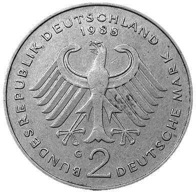 2 Mark (2nd Chancellor Ludwig Erhard - A, D, F, G, J) — Obverse
